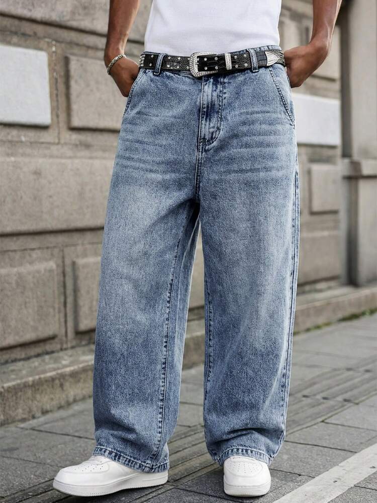 GALLERY FADE Men's Washed Blue Casual Wide Leg Loose Fit Denim Jeans Going Out Urban Hang Out Vacation Work - Light Wash - View 6