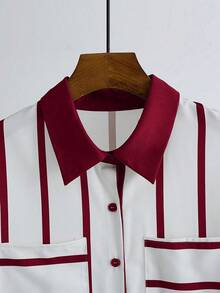 SHEIN Áo sơ mi nữ, cổ bẻ, tay dài, cài cúc phía trước, thiết kế phối màu ở cổ áo, cổ tay, thân áo và tay áo, kiểu dáng rộng rãi thoải mái, phong cách thời trang màu đỏ tía, áo sơ mi đỏ trắng, áo công sở nữ, áo sơ mi nữ công sở, áo sơ mi nữ công sở, áo sơ mi nữ công sở, áo sơ mi trắng đỏ, áo công sở nữ, áo sơ mi nữ công sở cho nữ - Nhiều màu - Xem 5