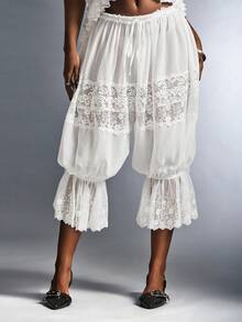 Amplova Romantic Vacation Sheer Comfortable Chiffon & Contrast Lace Low Waist Lantern Pants Capri - White - View 2