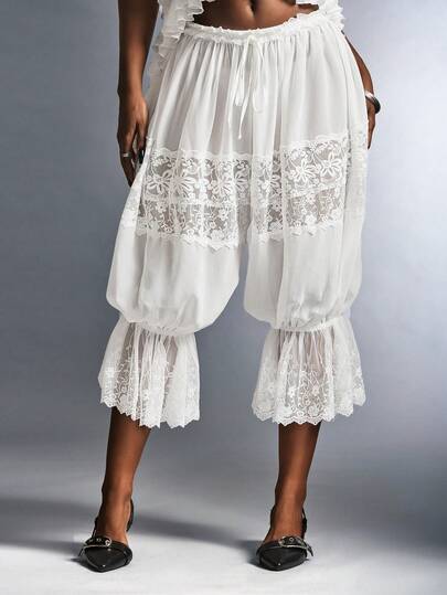 Amplova Romantic Vacation Sheer Comfortable Chiffon & Contrast Lace Low Waist Lantern Pants Capri