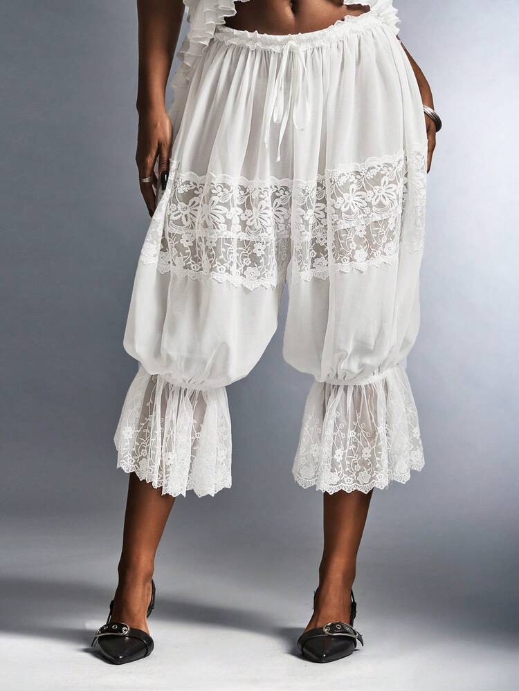 Amplova Romantic Vacation Sheer Comfortable Chiffon & Contrast Lace Low Waist Lantern Pants Capri - White - View 1