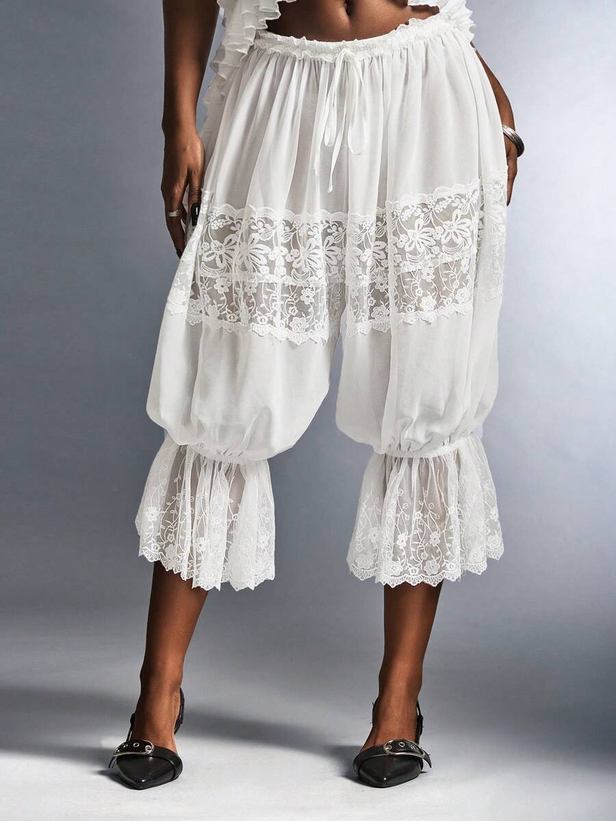 Amplova Romantic Vacation Sheer Comfortable Chiffon & Contrast Lace Low Waist Lantern Pants Capri