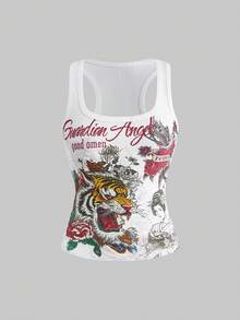 ROMWE Grunge Punk Y2K Retro Tiger Vine Faux Tattoo Print Tight Racerback Tank Top - White - View 1