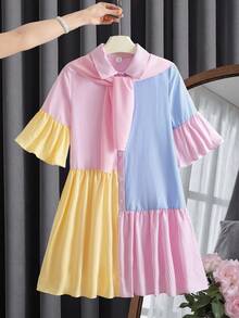 SHEIN 两件套少女休闲时尚衬衫裙+披肩套装，多色条纹撞色衬衫裙，喇叭袖，中长款连衣裙，适合度假、日常穿着、上学等场合。 - 彩色 - 查看 1