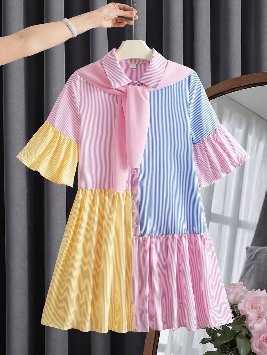 SHEIN 两件套少女休闲时尚衬衫裙+披肩套装,多色条纹撞色衬衫裙,喇叭袖,中长款连衣裙,适合度假、日常穿着、上学等场合。 - 彩色 - 查看 1