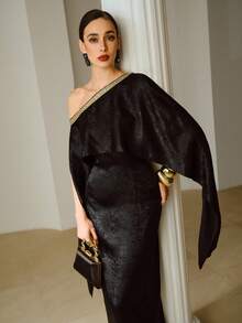 ZEYLAH Women's Asymmetrical Neckline Ribbon Design Sense Cloak Sleeve Cinched Waist Long Dress, Suitable For Party And Banquet - Black - View 5