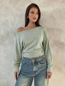 Aloruh Áo dệt kim tay dài màu mơ, kiểu dáng bất đối xứng vai, dành cho nữ, mẫu mới Thu/Đông. - màu xanh lá - Xem 3