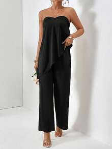 Firerie Bộ đồ thời trang 2 mảnh dành cho nữ, gồm áo quây và quần dài màu trơn, vạt bất đối xứng. - màu đen - Xem 3