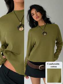 Aloruh Kaos Wanita Kasual Warna Polos Kerah Bulat Pas Badan, Kaos Patchwork Renda Manis - Hijau Tentara - View 9