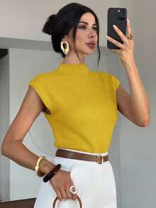 Firerie Áo len không tay cổ cao dáng rộng thanh lịch, đa năng, thích hợp mặc đi chơi hoặc đi học vào mùa thu/đông. - Màu vàng - Xem 7