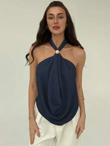 Aloruh 女士露背吊带无袖宽松休闲上衣，夏季 - 藏蓝色 - 查看 4