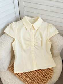 SHEIN 青少年女孩纯色翻领修身短袖开衫衬衫 - 米色 - 查看 3