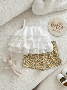 两件套可爱女宝宝夏季度假荷叶边吊带背心和印花短裤套装 - 白色 - 查看 2