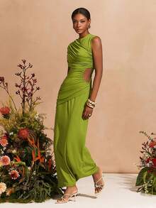 Zivah 2026春夏新款音乐节、复活节、圣帕特里克节、情人节、约会、西部风情、游牧风、生日派对、毕业典礼、大学、学生、日常穿着、百搭基础款、休闲、度假、邮轮旅行、海滩、日光浴、爆款、街头风、婚礼宾客波西米亚风、通勤、早午餐、机场、派对、假日郊游、办公室穿着 绿色不对称袖褶皱腰A字型长裙 - 綠色 - 查看 4