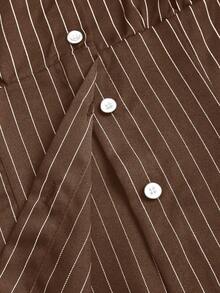 Sweetra Fashionable Contrast Color Textured Button Fitted Waist Flattering Striped Collar Long Sleeve Blouse For Women - Coffee Brown - View 6