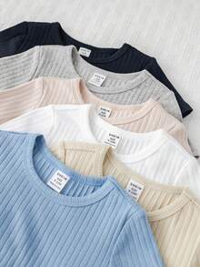 SHEIN 6件套男女宝宝通用新生儿100%纯棉休闲纯色弹力罗纹短袖连体衣套装，易于穿脱，春夏款 - 彩色 - 查看 6