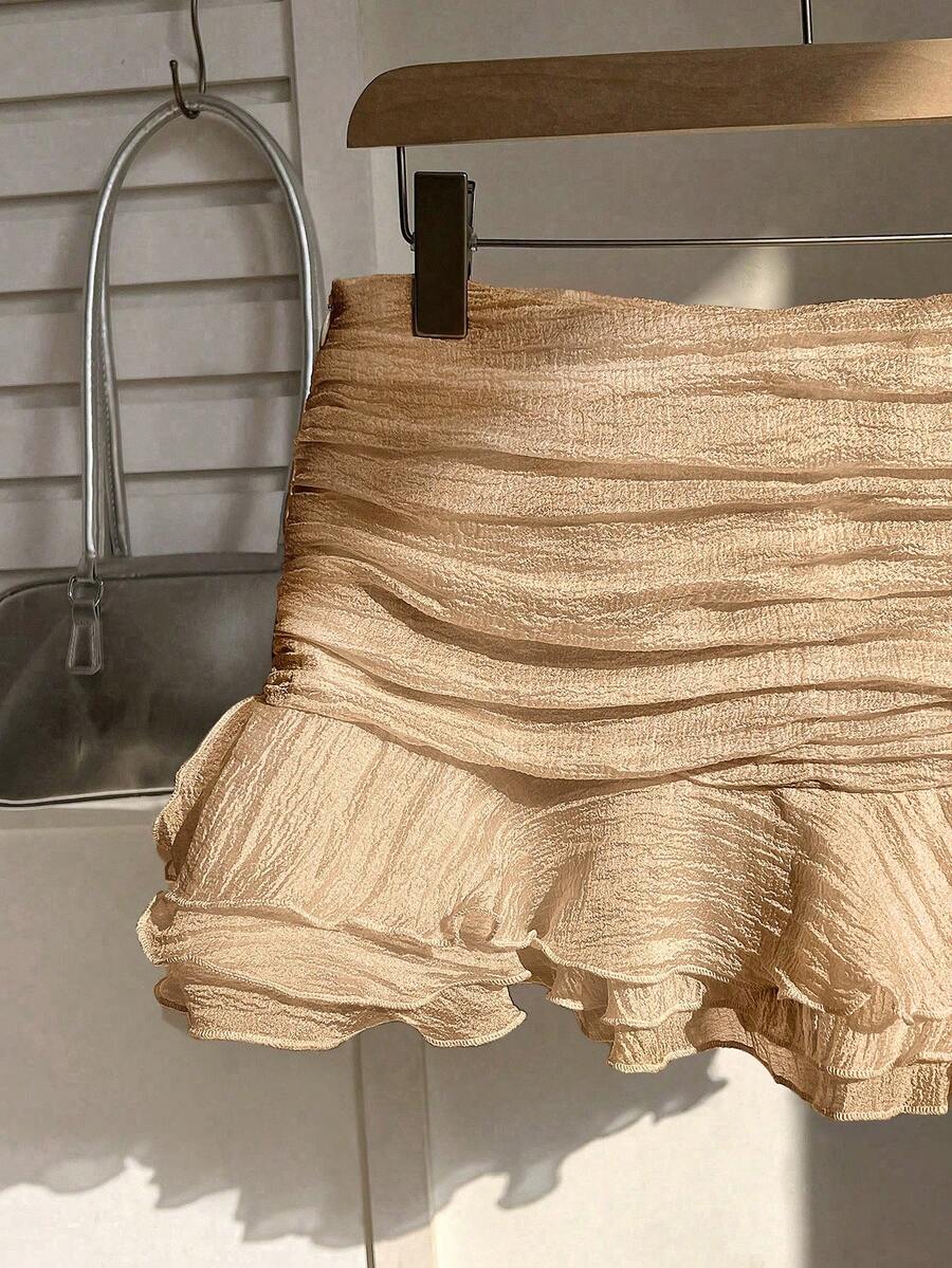 Elamini 2026夏季浪漫荷叶边迷你裙，性感甜美风时尚超短裙，香槟色度假风，适合情人节、新年等场合 - 香檳色 - 查看 1