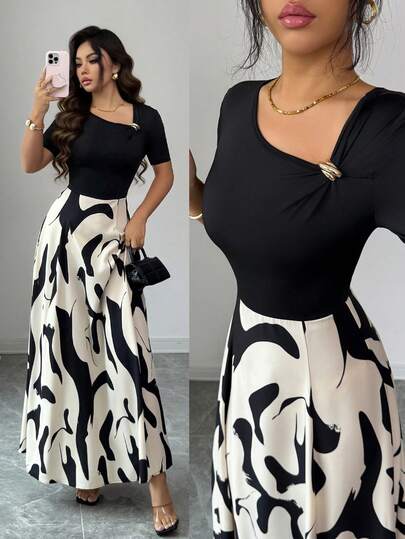 SHEIN Elenzya Women's V-Neck Waist Cinched A-Line Dress With Abstract Black & White Pattern, Metal Buckle Decor, Elegant For Daily, Vacation, Retro French Style, Commute, Valentine's Day, Date, Streetwear, Party, Early Spring/Spring-Summer