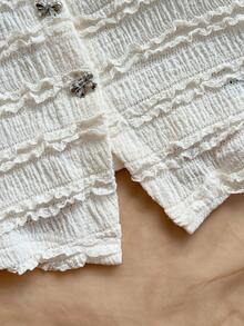 GlowEve 女士度假针织白色纹理V领T恤，精致蝴蝶结金属纽扣前开衩修身款，适合派对、嘉年华、下午茶、夏季休闲等场合 - 白色 - 查看 5