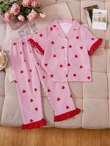 Conjunto de 2 piezas con cárdigan de manga corta con estampado de fresa y cuello con volantes para niñas pequeñas, conjunto de pijama a rayas con corazones para niñas, conjunto de ropa de estar en casa holgado con dobladillo con volantes y bloques de color para niñas, conjunto de 2 piezas con estampado de corazón dulce para niñas - Rosa - Ver 1