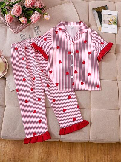 Young Girls' Strawberry Print Short Sleeve Cardigan With Ruffled Collar, 2-Piece Set With Shorts Girls' Heart Striped Pajama Set Girls' Loose Fit Ruffle Hem Colorblock Loungewear Set Girls' Sweet Heart Print 2-Piece Outfit