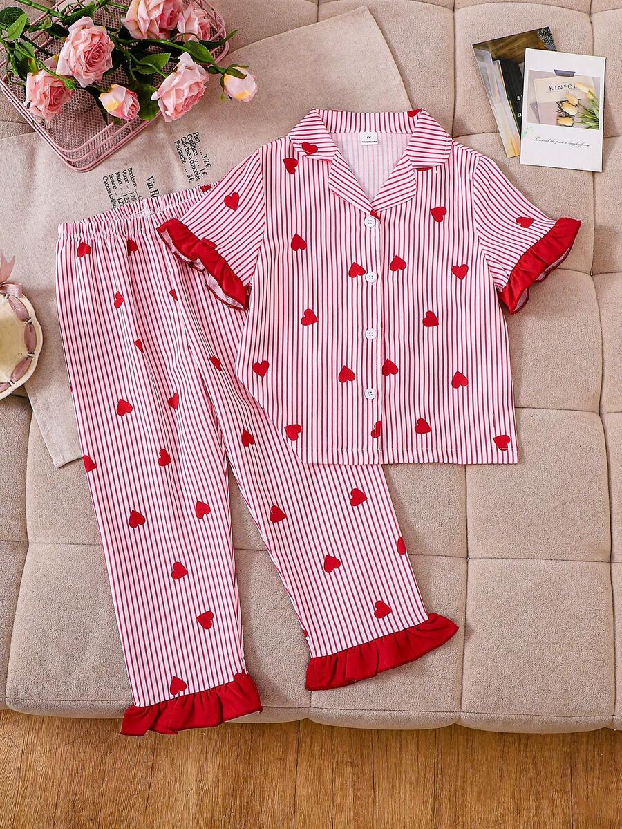 Conjunto de 2 piezas con cárdigan de manga corta con estampado de fresa y cuello con volantes para niñas pequeñas, conjunto de pijama a rayas con corazones para niñas, conjunto de ropa de estar en casa holgado con dobladillo con volantes y bloques de color para niñas, conjunto de 2 piezas con estampado de corazón dulce para niñas - Rosa - Ver 1