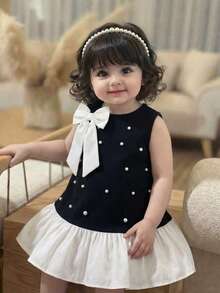 SHEIN Baby Girl Beaded Big Bow Decor Contrast Color Sleeveless Dress - Multicolor - View 1