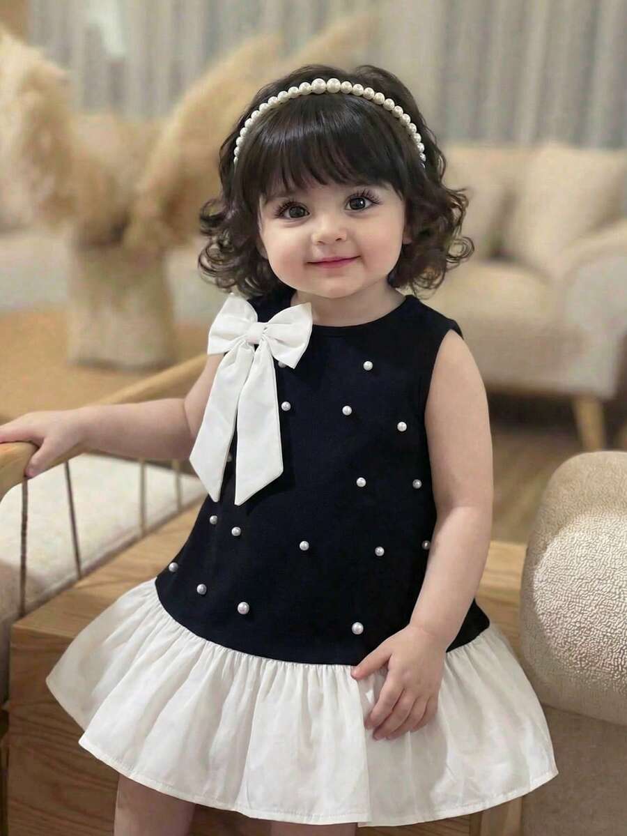 SHEIN Baby Girl Beaded Big Bow Decor Contrast Color Sleeveless Dress - Multicolor - View 1