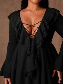 Rustia Sexy Ruffle Tie Strap Bodycon Mini Dress, Unique Design, Slimming Fit, Long Sleeve, Vacation Style - Black - View 4