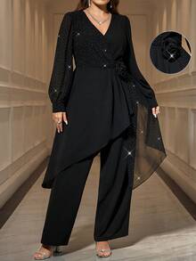 SHEIN Clasi 黑色拼接金属银色褶皱撞色设计3D花卉装饰V领长袖不规则下摆上衣+修身直筒裤加大码女装两件套，时尚优雅，适合派对穿着 - 黑色 - 查看 2