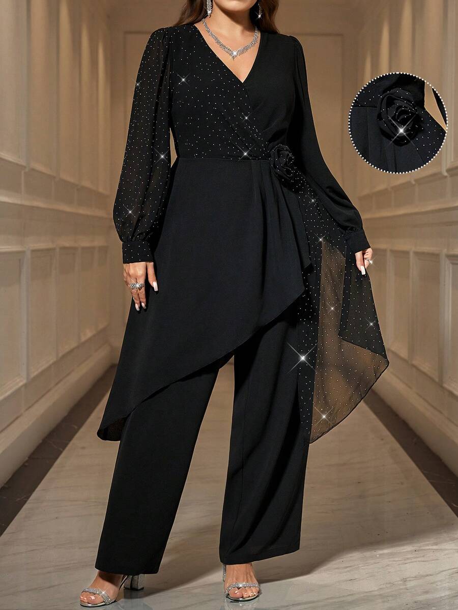 SHEIN Clasi 黑色拼接金属银色褶皱撞色设计3D花卉装饰V领长袖不规则下摆上衣+修身直筒裤加大码女装两件套，时尚优雅，适合派对穿着