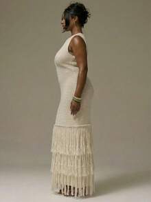 MUSERA Plus Size Sleeveless Ribbed Fringe Detail Maxi Sweater Dress Vacation Holiday Cute Holiday Romantic Cute Summer Sexy Beach Curve   Chic Elegant Spring Spring Summer - Apricot - View 3