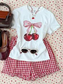 Bộ đồ hè 2 mảnh mới cho bé gái tuổi teen, kiểu dáng thời trang thường ngày với nơ và họa tiết quả anh đào, áo ngắn tay và quần short kẻ caro ôm sát, phù hợp cho đi làm, dự tiệc, ngày Valentine, hẹn hò, đi học, mùa hè, kỳ nghỉ biển. - Nhiều màu - Xem 3