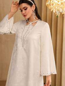 Al Najma Women's Apricot Jacquard Long Sleeve Elegant Rhinestone Embellished Loose Fit Dress - Apricot - View 2