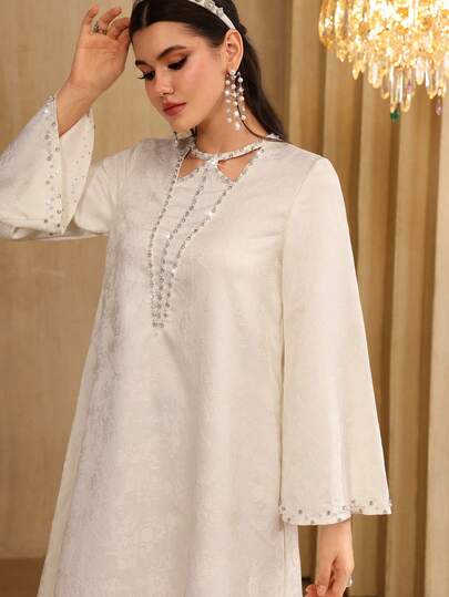 Al Najma Women's Apricot Jacquard Long Sleeve Elegant Rhinestone Embellished Loose Fit Dress