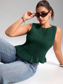 LYSMO 大码女式波西米亚风弹力褶皱红色吊带背心 - 墨綠色 - 查看 3