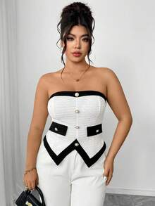Elenzga Bluză elegantă, mărime plus, cu material elastic texturat, garnitură color block, cu un singur nasture, talie decorativă, tiv asimetric, înfășurată în stilul tivului, pentru ieșiri, întâlniri, adunări, naveta, vacanță - Alb-negru - Vizualizare 4