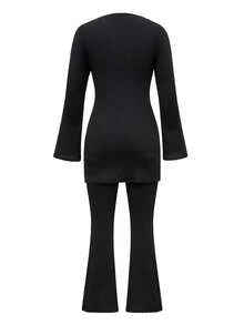 Swim Mulvari Women's Middle Eastern Style Modest Two Pieces Swimsuit, Long Sleeve Maxi Dress & Flared Pants Set, Cinched Waist Belt, Fashionable & Slimming, Suitable For Beach & Vacation - Black - View 7