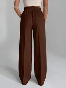 EURMUSE Women Solid Color Wide Leg Tie Front Detailed Pants - Mocha Brown - View 2