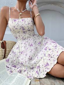 Serisse Women's Floral Print Elegant Waist Cinched Party Cocktail Mini Dress - Mauve Purple - View 5