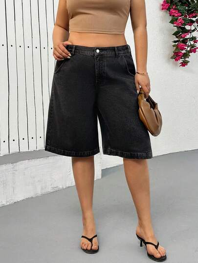 SHEIN High Waist Knee Length Black Denim Jort Short Woman Plus Size Jean Shorts Baggy Jorts For Women Baggy Black Jean Shorts Women Wide Leg Shorts Womens Long Shorts Women S Long Shorts Knee Length Jean Shorts Baggy Jean Shorts