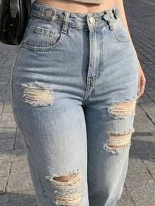 Mezclilla pantalon para mujer con rotos,rigidos,comodidad,casual. - Celeste - Ver 4