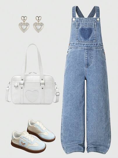 SHEIN 女童时尚花卉、爱心、彩虹和涂鸦印花休闲柔软水洗牛仔连体裤，可调节肩带宽松版型，适合搭配短袖/长袖上衣，完美适合日常穿着和旅行，四季皆宜。