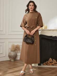 Dazy-Less Damen einfarbiges Stehkragen Kleid mit Drop-Shoulder, einreihig geknöpft, lässiges Maxikleid, Business Casual Damenkleid - Braun - Übersicht 9