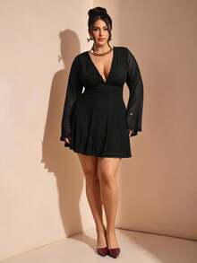 SHEIN BAE V-Neck Patchwork Waist Cinched Long Sleeve Short Dress - Black - View 4