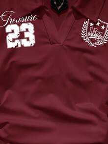 Attitoon 女士休闲时尚学院风徽章及23号印花翻领长袖T恤，修身秋冬内搭，酒红色上衣，酒红色T恤 - 酒紅色 - 查看 4