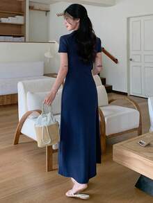 DAZY Women's Collared Fitted Waist Half-Zip Mid-Length Dress, Navy Blue - Navy Blue - View 5