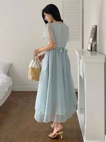 DAZY Đầm mùa hè nữ màu xanh dương, hai lớp vải lưới, eo thon, dáng dài đến đầu gối. - Màu xanh lam - Xem 6