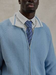 Musero 长袖针织拉链毛衣外套撞色领针织套头衫冬季必备 - 藍白色 - 查看 6