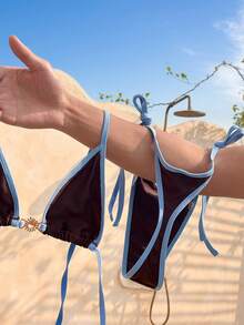 Bonvoyette Bộ bikini buộc dây cổ yếm màu trơn gợi cảm - Cà phê nâu - Xem 4